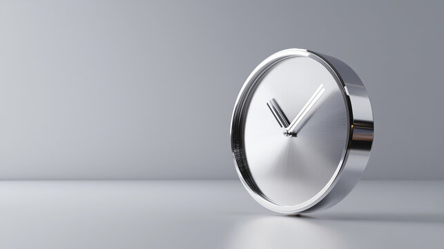 3D rendering of a sleek silver clock with minimalist design, symbolizing time management, against a plain white background.