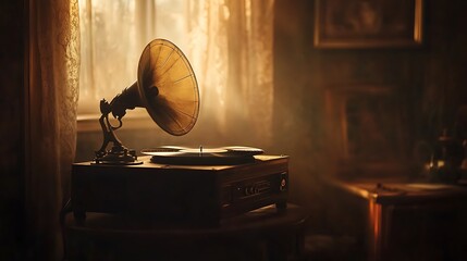 Vintage gramophone on table with warm light shining through window.
