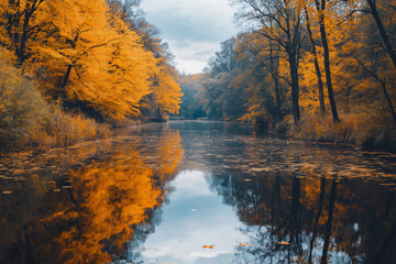 Fototapeta premium Autumn leaves floating on a calm river surface reflecting the golden colors of the forest on a cloudy day