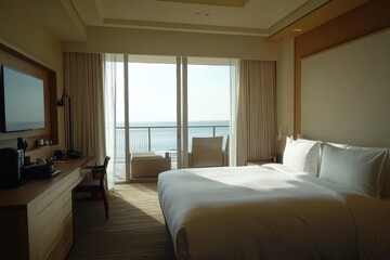 Fototapeta premium Hotel room with neutral tones, minimalist furniture, and open window with seashore outside