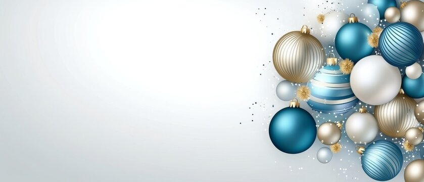  Arreglo de esferas navide&ntilde;as en tonos azul, dorado y blanco, con brillo festivo y fondo claro.
