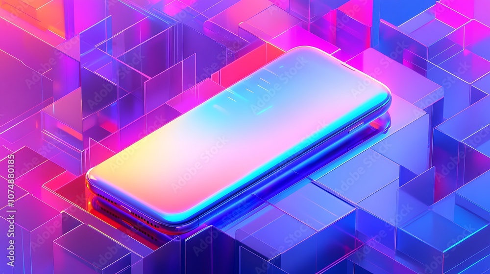 Poster a modern smartphone with a holographic finish rests on a vibrant geometric platform.