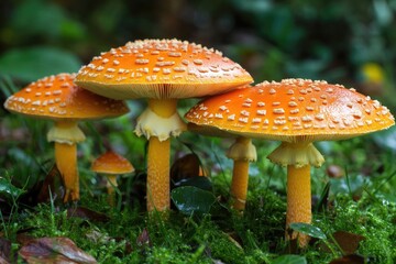 Fototapeta premium Orange Toadstools with White Caps Growing in Forest with Dew on Grass. Close-Up Autumn Nature Photography