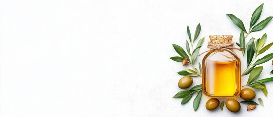  Frasco de aceite de oliva decorado con ramas y aceitunas, organizado sobre un fondo blanco minimalista.
