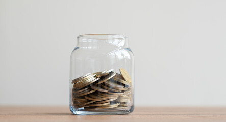Saving money, coin in glass jar. Financial savings set. Financial Growth and Investment