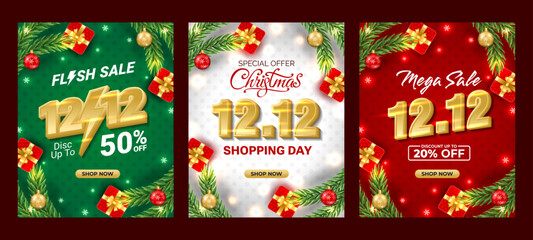 Naklejka premium 12.12 Sale, Flash Sale Vertical background with Christmas branch, balls, snowflakes. For sale, banner, posters, cover design templates, social media wallpaper stories. 2025 Christmas concept