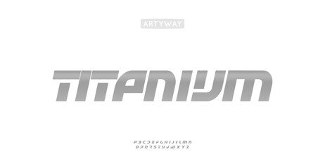 Bold cropped alphabet, italic letters with sleek polished titanium gradient, dynamic futuristic impactful font for tech branding, racing logos, striking industrial titles. Vector typeset.