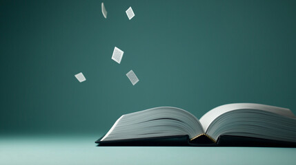 Fototapeta premium 3D model of an open book with floating text icons, symbolizing education and storytelling, on a plain background.