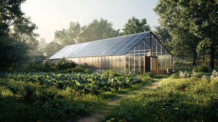 Serene Greenhouse Surrounded by Lush Vegetation and Flourishing Crops in a Bright Natural Landscape During Early Morning Light