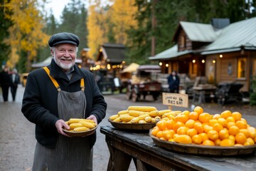  Hombre mayor sonriente en un mercado rural ofreciendo maíz y naranjas frescas en un ambiente otoñal.

