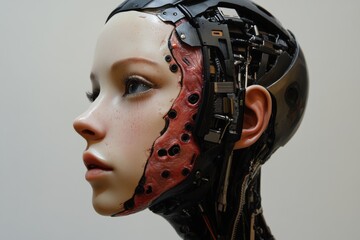 Young android head robot nice woman with part of skin and metal on a face