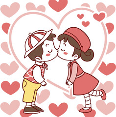 adorable cartoon children sharing a kiss surrounded by hearts in a playful and affectionate vector illustration