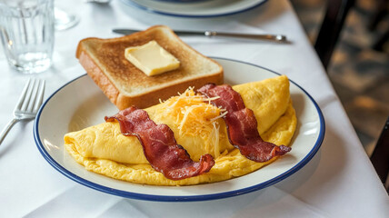 Delicious breakfast plate with fluffy omelet and crispy bacon on a rustic table setting in a cozy restaurant background, perfect for food and lifestyle visuals. 