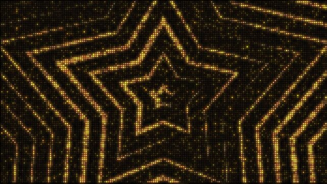 Golden lights backdrop set, glowing stars, seamless loop video animation, flashing light bulb, wall of lights motion graphics.