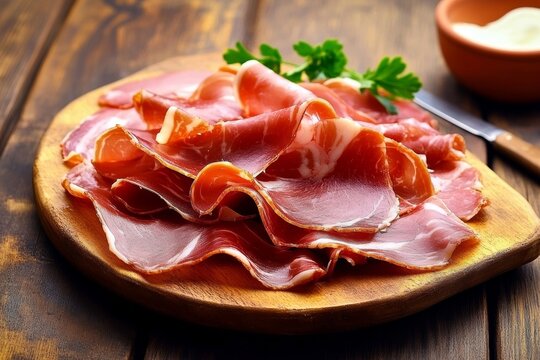  Lonchas de jam&oacute;n serrano dispuestas en una tabla de madera, decoradas con perejil, en un entorno r&uacute;stico.

