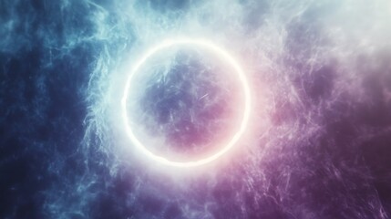 A glowing white ring surrounded by swirling blue and purple clouds.