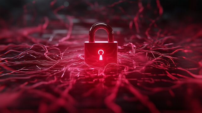 A red digital padlock with a futuristic glow, surrounded by smoky tendrils that twist and turn, emphasizing protection in a digital environment.