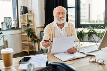 A distinguished senior businessman in smart casual attire carefully reviews papers in a bright office.