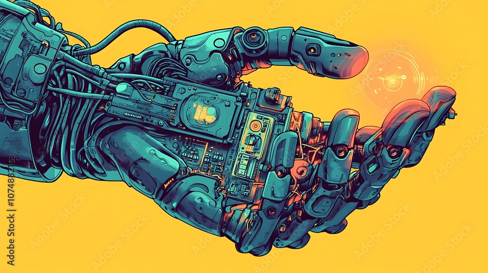 Poster a robotic hand with exposed circuitry, holding a glowing orb.