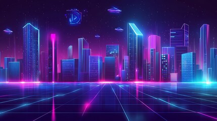 Futuristic neon city skyline with glowing skyscrapers and flying vehicles.