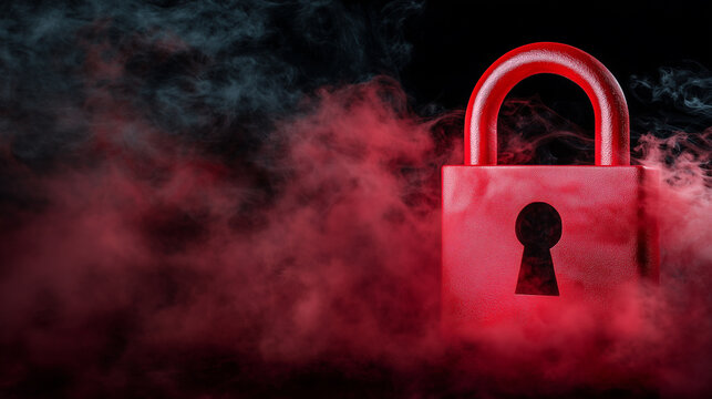 A red digital padlock icon, sharply illuminated with billowing smoke, creating a sense of strong digital protection and advanced cybersecurity defense.