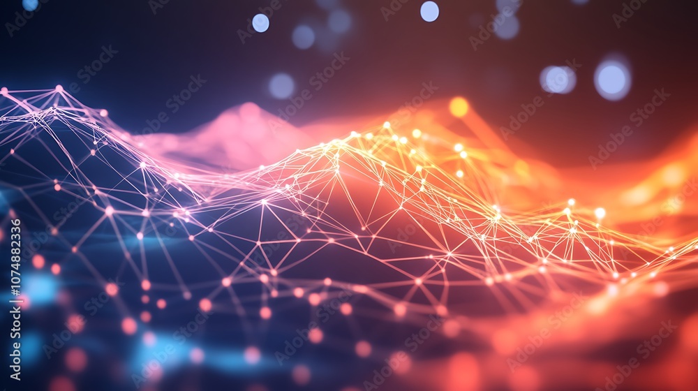 Poster abstract digital landscape with glowing lines and particles.