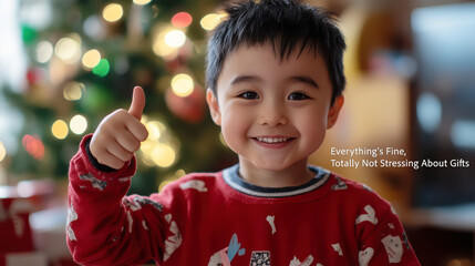 Joyful child giving thumbs up in festive christmas setting for holiday cheer