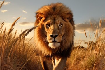 Obraz premium Lion walks through tall grass grassland wildlife outdoors.