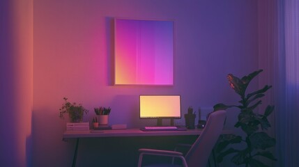 Modern Home Office with Neon Lights and Minimalist Decor