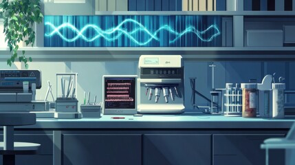 Biology lab background with DNA sequencing equipment, lab bench, and biological samples