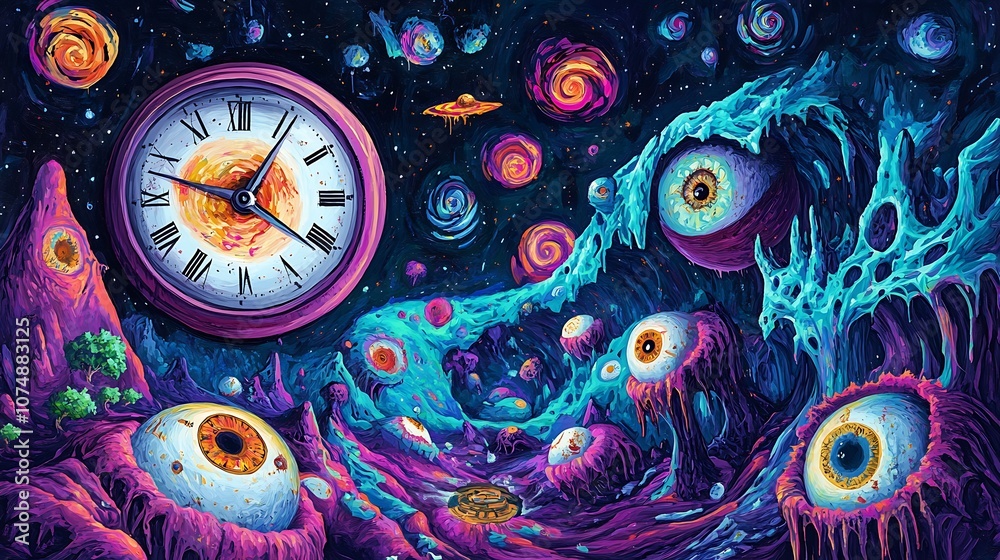 Poster psychedelic clock with eyes in space.