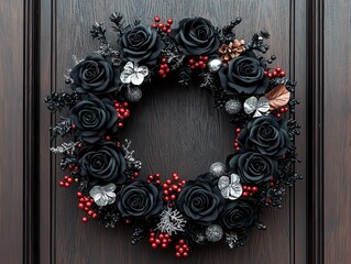 A black floral wreath with silver and red accents, designed for a striking entrance, enhancing seasonal decor with elegance.