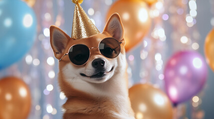 A cheerful Shiba Inu with round sunglasses and a shiny gold party hat, posing confidently against a sparkling backdrop of streamers and balloons, ready for the party