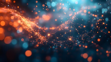 Digital visualization of network connections with illuminated human figures connected by light lines against soft blue background with bokeh effect.