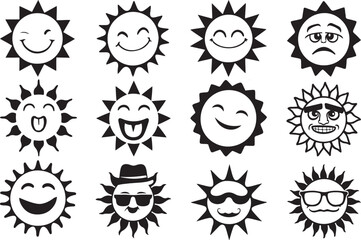 Cute funny sun silhouettes icon set. Isolated sun's icon with illustration.