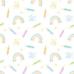 rainbows, colored pencils, blots, stars. Watercolor seamless pattern on white background in pastel colors for textile and wrapping paper. Cute children's illustration back to school