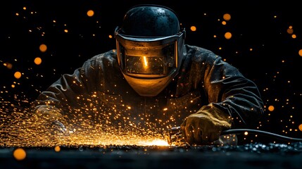 Industrial welder working with flying sparks and protective mask, captured in metal workshop with dramatic orange glow and atmospheric lighting.