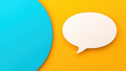 A vibrant, abstract image featuring a blue circle and a white speech bubble on a yellow background, conveying communication and creativity.