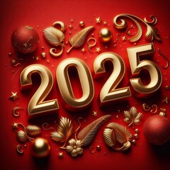 Red background with the year 2025 in gold metal numbers.
