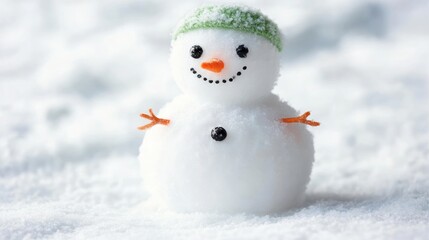 A cheerful snowman with a green hat and orange carrot nose stands in fresh snow.