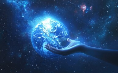 Obraz premium Hand Reaching from Earth Towards Space. Divine Connection, Hope, and Growth with Cosmic Wisdom and Radiant Light