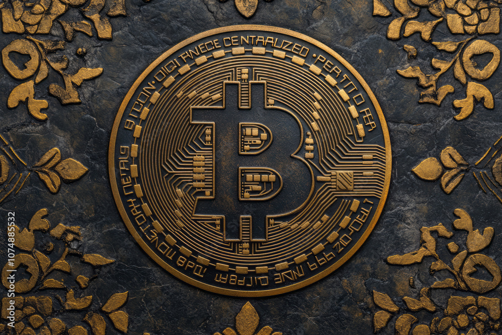 Poster Graphic background with blockchain patterns and digital currency icons, creating a clean, modern look,