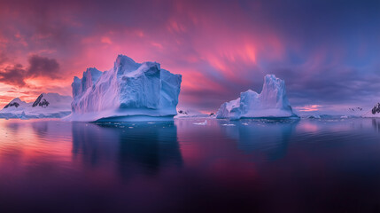 Massive icebergs calving from the Larsen Ice Shelf, Antarctica into the ocean under dramatic sunset lighting