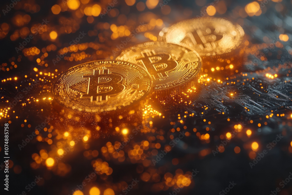Poster Abstract cryptocurrency background with floating coin symbols and interconnected circuit lines, giving a high-tech feel,