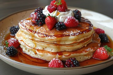 Stack of Pancakes Topped with Whipped Cream and Berries