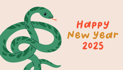 Obraz premium Happy new year 2025 snake banner. Greeting card with symbol of the year 2025. Cute snake and simple text.