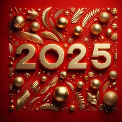 Red background with the year 2025 in gold metal numbers.
