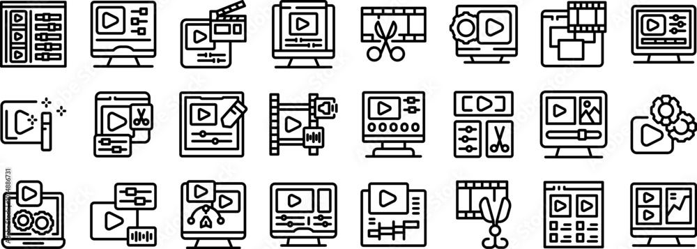 Poster video editor icons set. essential icons for video editing software, representing various tools and f