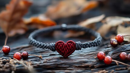 A close-up of a braided grey rope bracelet with a red heart-shaped charm lying on a weathered wooden surface. The background features blurred foliage and a few red berries.