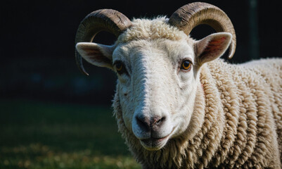 A white ram with large horns looks directly at the camera in a field